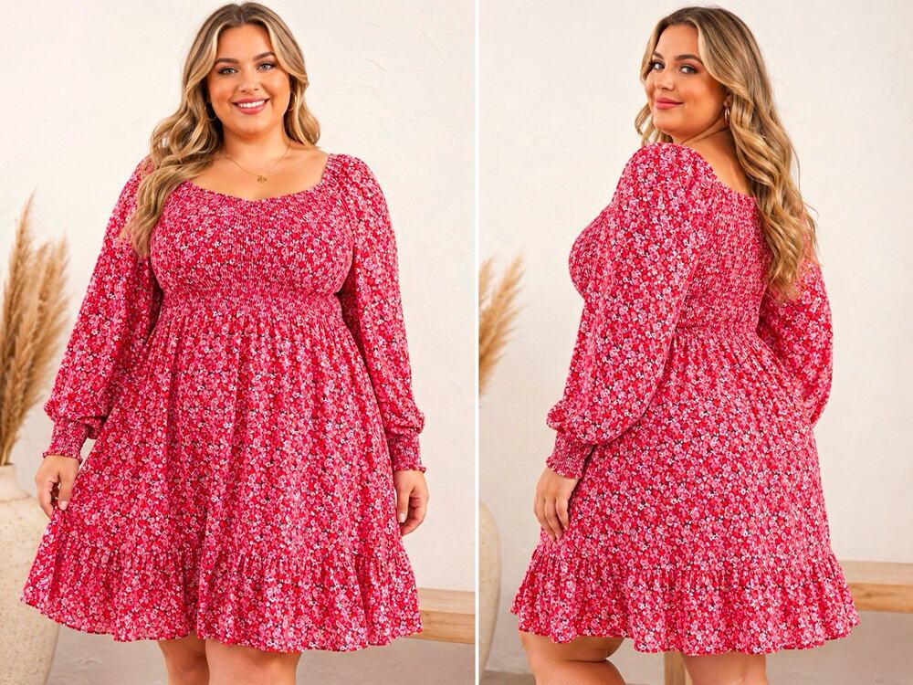 Plus Size Red Ditsy Floral‎ Smocked Mini Dress Cottagecore Puff Sleeve